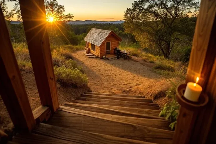 interiortinyhouse, dynamic lighting,high level of detail,Best quality,White background, color grading, cinematic, details, warm colors, symmerical, beautiful, dynamic [crop|shot], depth of field, film grain, candles, cozy, dynamic light, window, textures, evening, minimalistic, tiles, ((masterpiece)), realistic, epic, details, stairs, wood, sharp,  <lora:ARWinteriortinyhouse:1>, modern small house, in tiny house, forest landscape, sunset, golden hour, late evening