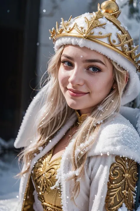 cute smiling (close-up:1.3),Snow_Angel, Frozen, ((realistic)), ((18-year-old girl as a snow angel princess in a fantasy golden throne room, frozen, mystic fog, frost flowers)), In the grandeur of a throne room, an 18-year-old girl embodies the enchantment of a snow angel princess, <lora:LowRA:0.15>, RAW photo, full sharp, wallpapper 8k uhd, dslr, soft lighting, high quality, film grain, Fujifilm XT3, detailed face (high detailed skin:1.2),(action movement, three-dimensional picture, impressive)
