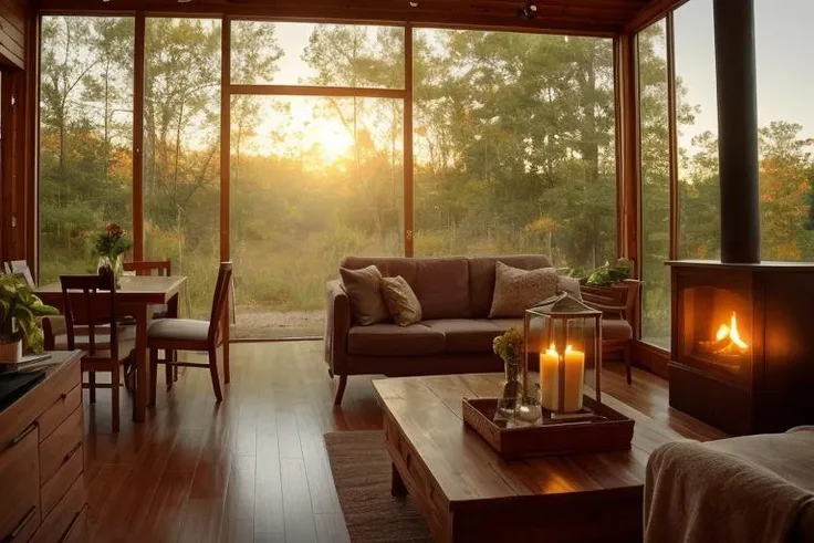 interiortinyhouse, dynamic lighting,high level of detail,Best quality,White background, color grading, cinematic, details, warm colors, symmerical, beautiful, dynamic [crop|shot], depth of field, film grain, candles, cozy, dynamic light, window, textures, evening, minimalistic, tiles, ((masterpiece)), realistic, epic, details, stairs, light wood, sharp,  <lora:ARWinteriortinyhouse:1>, modern small house, in tiny house, forest landscape, sunrise, early morning, fog, mist
