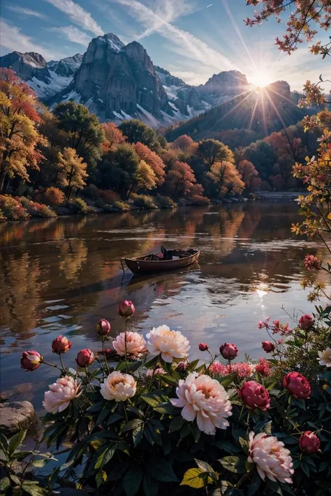 (autumn:1.3) ,sunrise,mountains and a wooden village on river, (Peony flowers on foreground), sunrays, lens flare, 4k highly detailed digital art, 8k hd wallpaper very detailed, impressive fantasy landscape, sci-fi fantasy desktop wallpaper, 4k detailed digital art, sci-fi fantasy wallpaper, epic dreamlike fantasy landscape, 4k hd matte digital painting, 8k stunning artwork,Realistic, realism, hd, 35mm photograph, 8k, dusty atmospheric haze, (natural colors, correct white balance, color correction, dehaze,clarity), realistic, detailed, balanced, by Trey Ratcliff, Klaus Herrmann, Serge Ramelli, Jimmy McIntyre, Elia Locardi,Realistic, realism, hd, 35mm photograph, 8k, <lora:LowRA:0.15>, RAW photo, full sharp, wallpapper 8k uhd, dslr, soft lighting, high quality, film grain, Fujifilm XT3