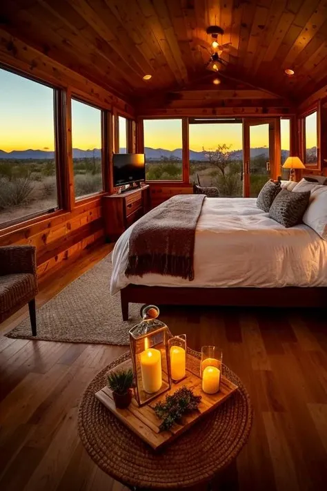 interiortinyhouse, dynamic lighting,high level of detail,Best quality,White background, color grading, cinematic, details, warm colors, symmerical, beautiful, dynamic [crop|shot], depth of field, film grain, candles, cozy, dynamic light, window, textures, evening, minimalistic, tiles, ((masterpiece)), realistic, epic, details, stairs, wood, sharp,  <lora:ARWinteriortinyhouse:1>, modern small house, in tiny house, desert landscape, sunset, golden hour