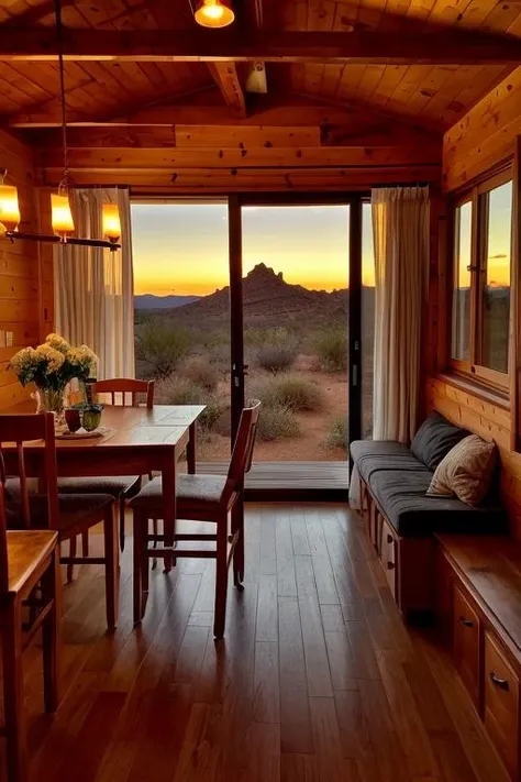interiortinyhouse, dynamic lighting,high level of detail,Best quality,White background, color grading, cinematic, details, warm colors, symmerical, beautiful, dynamic [crop|shot], depth of field, film grain, candles, cozy, dynamic light, window, textures, evening, minimalistic, tiles, ((masterpiece)), realistic, epic, details, stairs, wood, sharp,  <lora:ARWinteriortinyhouse:1>, modern small house, in tiny house, desert landscape, sunset, golden hour, late evening