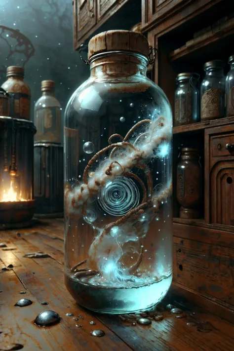 <lora:OxideTech-20:1>, oxidetech , scifi, rusty steel, a blue potion in a mystical glass bottle, emanating a soft ethereal glow, surrounded by swirling mist and sparkling particles, ((like a magical elixir from an ancient sorcerer's lab)), casting enchanting shadows on a worn wooden table