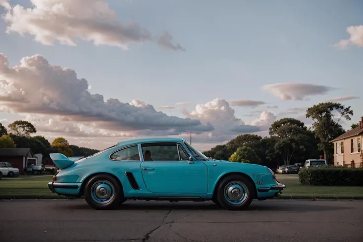 1960s style, retro  Cyan car Porsche,(nature, red brick buildings history modern art, amazing unreal background), clouds on sky,(natural colors, correct white balance, color correction, dehaze,clarity),(bokeh:1.3), <lora:LowRA:0.15>, RAW photo, full sharp, wallpapper 8k uhd, dslr, soft lighting, high quality, film grain, Fujifilm XT3,vivid colours