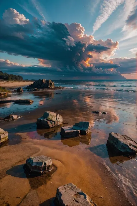 A landscape where fire-filled sky meets a watery ground, merging elements in chaos, hyperrealism oil painting, epic, Robert Frank, detailed, realistic, 8k uhd, high quality,stone on foreground, <lora:LowRA:0.15>, RAW photo, full sharp, wallpapper 8k uhd, dslr, soft lighting, high quality, film grain, Fujifilm XT3,vivid colours