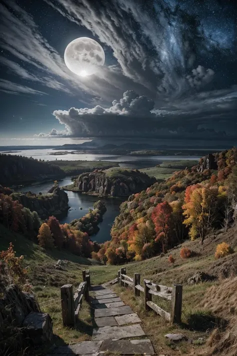 photo RAW,(autumn,hill and a storm lake with a moon in the sky, (old wooden slab home:1.1)), masterpiece, award winning photography, natural light, perfect composition, high detail, hyper realistic, (composition centering, conceptual photography), realistic, detailed, balanced, by Trey Ratcliff, Klaus Herrmann, Serge Ramelli, Jimmy McIntyre, Elia Locardi , detailed, realistic, 8k uhd, high quality, impressive fantasy landscape, sci-fi fantasy desktop 4k wallpaper, detailed hdr photography, epic dreamlike fantasy landscape, 4k hd matte, 8k,Realistic, realism, hd, 35mm photograph, 8k