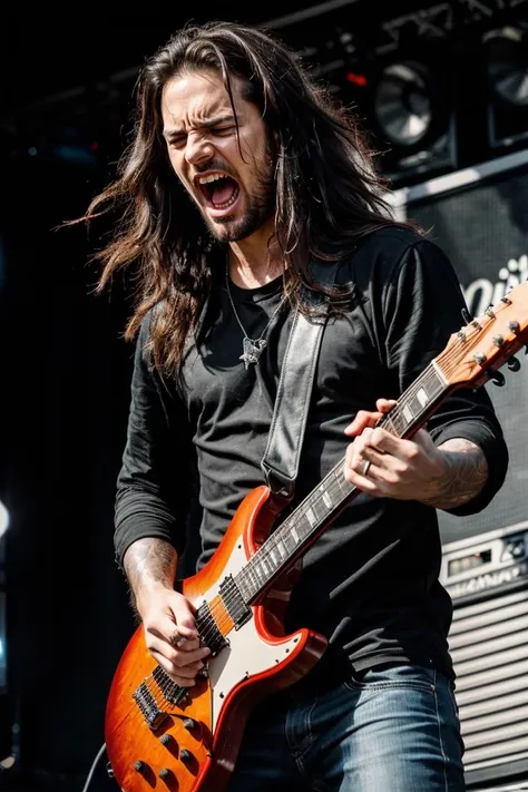 (dynamic pose:1.2),(dynamic camera),photo RAW,(A music promo photo, (close-up) angry scream man male holding metal guitare,long balc hair, rough, dark stage in the background, Realistic, realism, hd, 35mm photograph, 8k), masterpiece, award winning photography, natural light, perfect composition, high detail, hyper realistic
