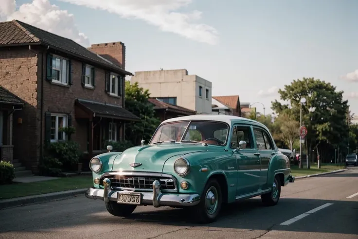 1950s style, retro  Light green car Ford,(nature, red brick buildings history modern art, amazing unreal background), clouds on sky,(natural colors, correct white balance, color correction, dehaze,clarity),(bokeh:1.3), <lora:LowRA:0.15>, RAW photo, full sharp, wallpapper 8k uhd, dslr, soft lighting, high quality, film grain, Fujifilm XT3,vivid colours