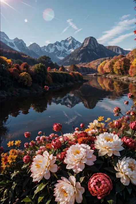 (autumn:1.3) ,sunrise,mountains and a wooden village on river, (Peony flowers on foreground), sunrays, lens flare, 4k highly detailed digital art, 8k hd wallpaper very detailed, impressive fantasy landscape, sci-fi fantasy desktop wallpaper, 4k detailed digital art, sci-fi fantasy wallpaper, epic dreamlike fantasy landscape, 4k hd matte digital painting, 8k stunning artwork,Realistic, realism, hd, 35mm photograph, 8k, dusty atmospheric haze, (natural colors, correct white balance, color correction, dehaze,clarity), realistic, detailed, balanced, by Trey Ratcliff, Klaus Herrmann, Serge Ramelli, Jimmy McIntyre, Elia Locardi,Realistic, realism, hd, 35mm photograph, 8k, <lora:LowRA:0.15>, RAW photo, full sharp, wallpapper 8k uhd, dslr, soft lighting, high quality, film grain, Fujifilm XT3, detailed face (high detailed skin:1.2)