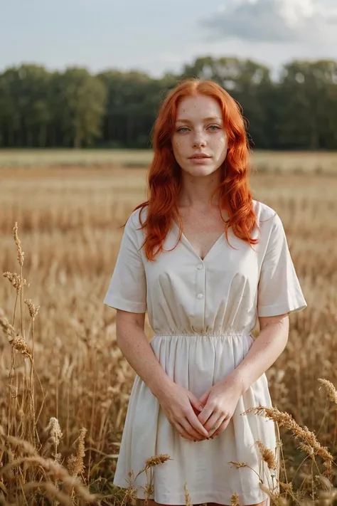 "woman, red hair, field, white dress, freckles, beautiful, bright, calm, detailed pupils, <lora:add_detail:0.25>