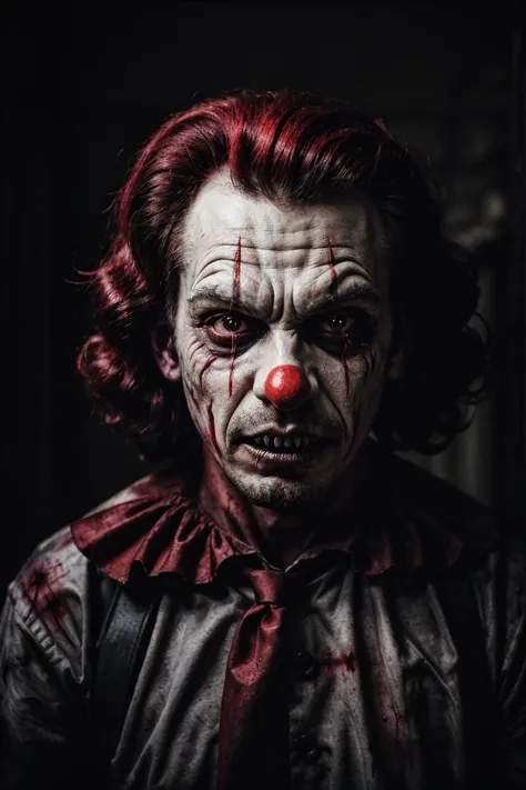 "horror, creepy clown, sharp teeth, spooky, evil, blood, dark, moody, cinematic, portrait, half face, <lora:add_detail:0.25>