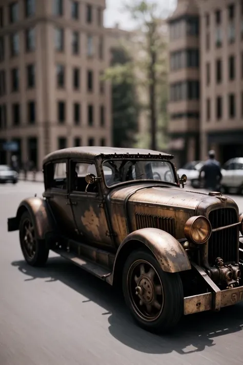 "steampunk car, speed, blurred background, movement, detailed, intricate, copper, pipes, steampunk, <lora:add_detail:0.25>