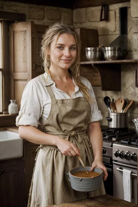 "a (small pot of gravy), in the well-equippe rustic fantasy kitchen, A beautiful young (aussie welsh:1.0) wife wearing traditional costume