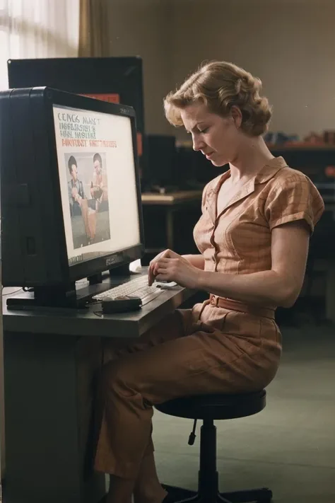 "Computer fighter checking for some errors, 1950s color analog photo