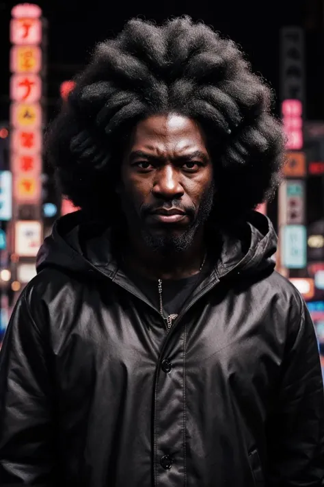 "realistic black afro man in a black coat cyberpunk in a japanese neon city, beaufiful face, <lora:add_detail:0.25>
