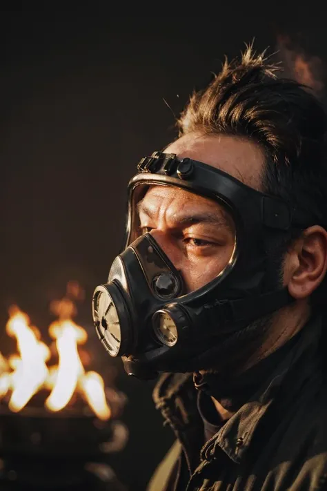 "a portrait of a person in a gas mask, plain background, fire, dramatic, cinematic, <lora:add_detail:0.25>
