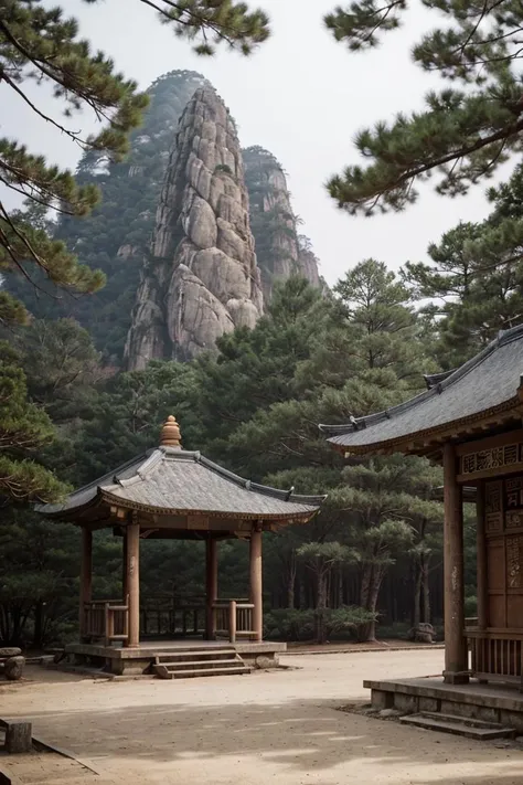 "empty scene,huangshan,pine trees and a pavilion at sunris, <lora:add_detail:0.25>