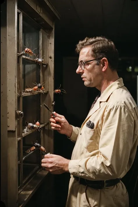 "The geeky exterminator, inspecting some bugs, 1957 color photo