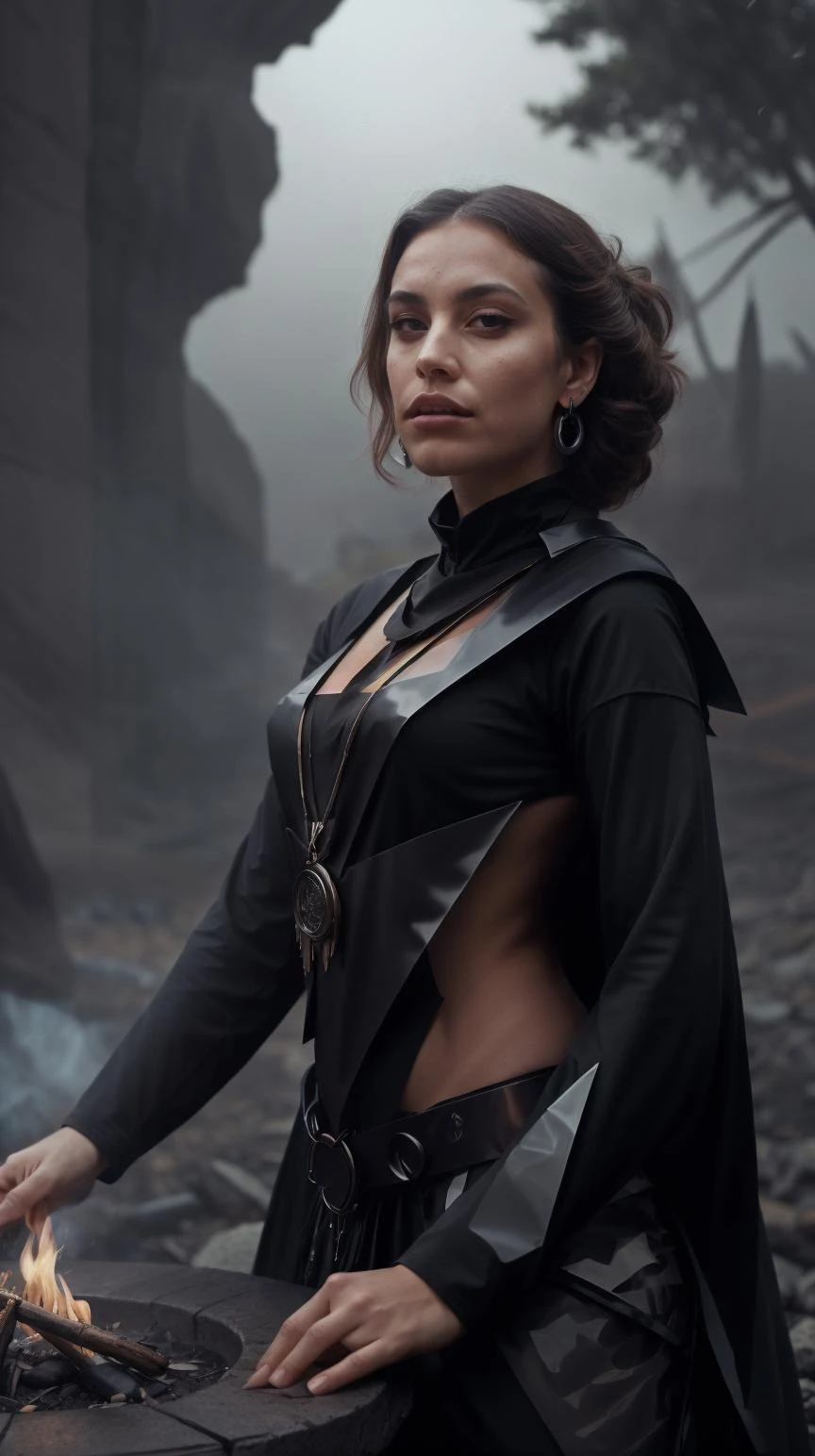 stealthtech, (style-swirlmagic:0.8), solo, (full body:0.6), detailed background, detailed face, (<lora:runemagic:0.4>, magic_circle, Rune_Magic theme:1.1), wise, tribal elemental shaman, mystical, Gray leaf clothes, totem, amulet, campfire in background, storm, cinematic atmosphere, cutting edge, sleek angular, scifi <lora:StealthTech-20:1>