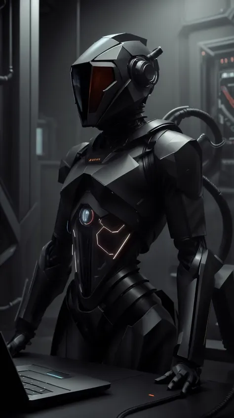 stealthtech, looking at viewer, solo, half shot, detailed background, detailed face, (<lora:PastTech:0.6>, synthetic, plasttech theme:1.1) high-tech futuristic hacker, smirk, advanced technology, coat, techwear, keycard, electronics, (holographic display:1.05), access denied, laptop, neural network, hacker van in background, orange lights, cyber-warfare, dark sinister atmosphere, cutting edge, sleek angular, scifi <lora:StealthTech-20:1>