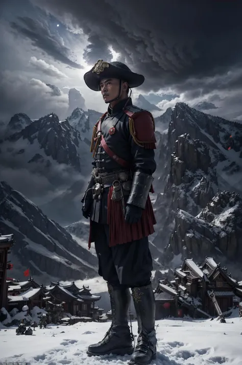 ((best quality)), ((masterpiece)), (detailed), 8K, [main subject: soldier in Qing Dynasty battle uniform], [setting: snow mountain peak], [central focus: Death Star looming in the sky], heavy and dark atmosphere, chaotic and despairing mood, oppressive sense of impending death

Camera angle: Eye-level shot from the side, framing the soldier in the Qing Dynasty battle uniform standing resolutely on the snow mountain peak, gazing up at the enormous Death Star nearly dominating the sky. The heavy, chaotic, and oppressive atmosphere is conveyed through the soldier's stoic stance, emphasizing the impending sense of doom and despair.