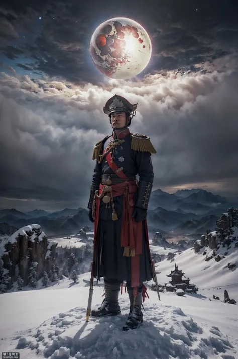 ((best quality)), ((masterpiece)), (detailed), 8K, [main subject: scarred soldier in Qing Dynasty battle uniform], [setting: snow mountain peak], [central focus: approaching huge planet in the sky], heavy and dark atmosphere, chaotic and despairing mood, oppressive sense of impending death，bloody

Camera angle: Low-angle shot, capturing the scarred soldier in the Qing Dynasty battle uniform standing atop the snow-covered mountain, gazing upward at the colossal planet almost consuming the entire sky. The scene is framed to emphasize the overwhelming presence of the approaching planet, conveying the heavy, chaotic, and oppressive atmosphere of imminent doom and despair.