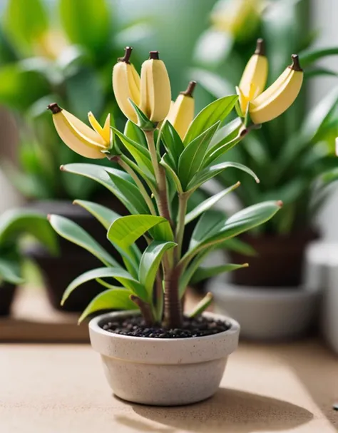 Close up, mini banana tree, micro bananas, (tilt shift:1.1), depth of field
