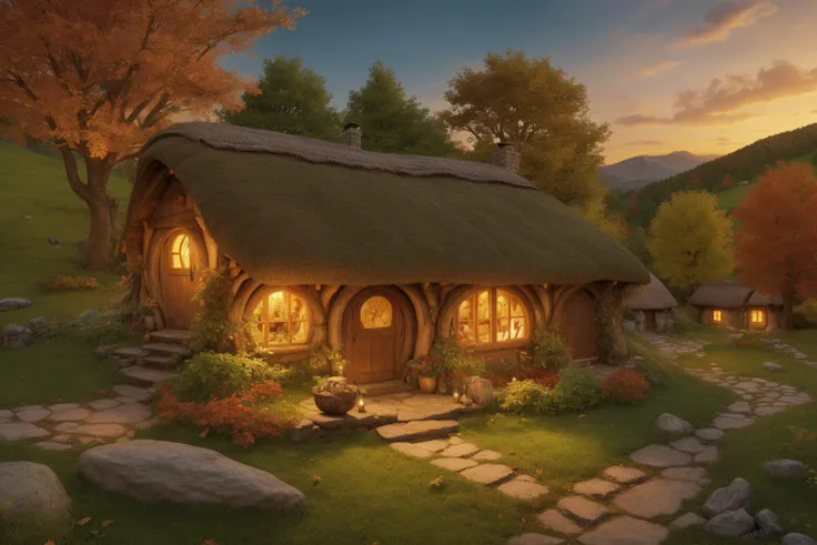 cozy charm of the Lord of the Rings universe with a picturesque scene of a Hobbit house nestled in the rolling hills of the Shire. The warm hues of autumn leaves, the thatched roof, and the inviting glow from the windows should evoke a sense of magic and tranquility. Let the spirit of Middle-earth come alive in your artwork