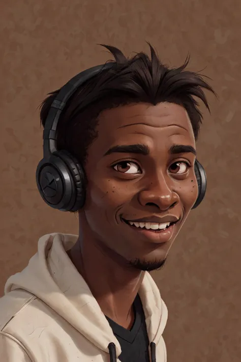 close-up photo portrait of a 25 yo young african man, black short african hair, stubble, brown eyes, excited face expression, headphones, simple background