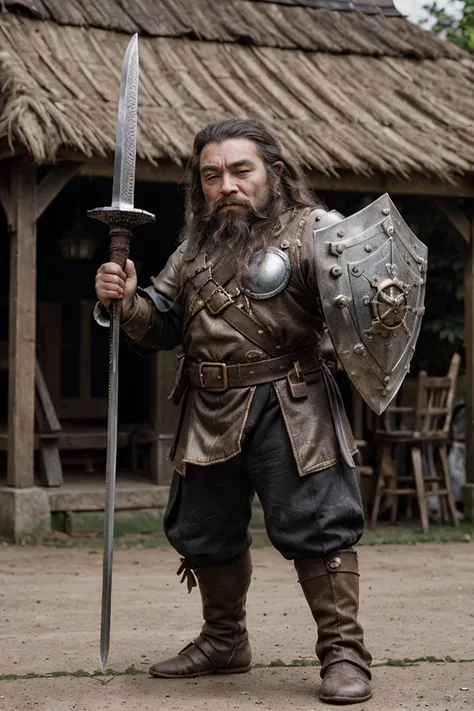 (dynamic pose:1.2),(dynamic camera), "little dwarf warrior in village outdoor, steampunk, black beard, sword, shield, brown gloves, fantasy,(action movement, three-dimensional picture, impressive)