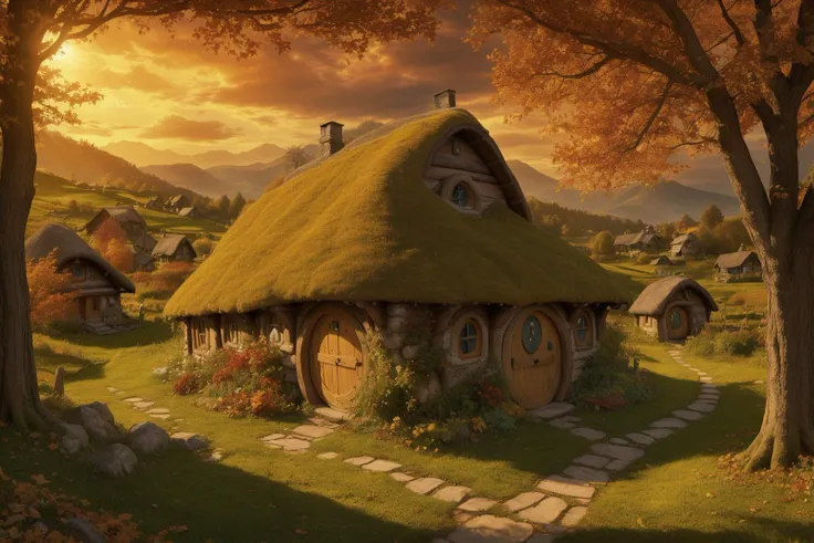 cozy charm of the Lord of the Rings universe with a picturesque scene of a Hobbit house nestled in the rolling hills of the Shire. The warm hues of autumn leaves, the thatched roof, and the inviting glow from the windows should evoke a sense of magic and tranquility. Let the spirit of Middle-earth come alive in your artwork