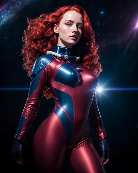 photo RAW,(young_woman, dynamic pose, (space_suit), fluid movement, light trail, small breasts, long wave red hair, analog style, detailed skin, matte skin, subsurface scattering, Burgundy and dark_blue colors), masterpiece, award winning photography, lighting, perfect composition, high detail, hyper realistic,dramatic lighting, epic
