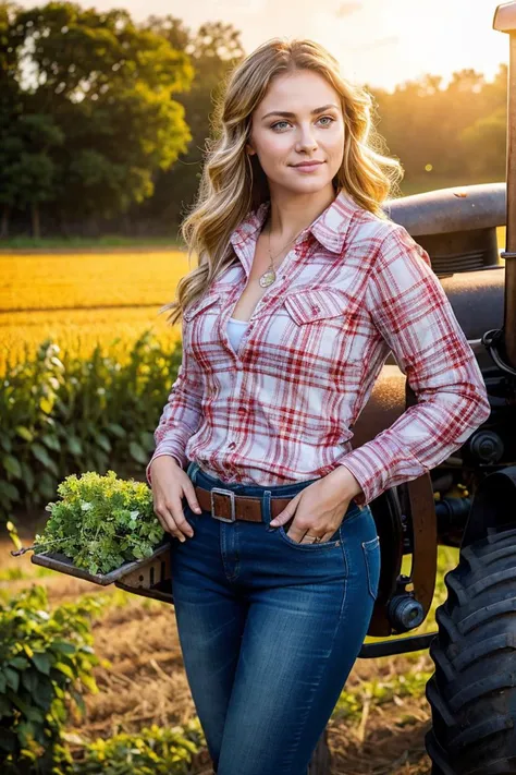 photo RAW,((Harvest) In the midst of a bustling harvest, a farmer girl in worn jeans and a plaid shirt expertly maneuvers a tractor through the fields, hauling a trailer full of produce behind her. She wears a look of satisfaction on her face as she contemplates the fruits of her labor, cleavage visible Legends, Timeless Elegance, Classic Tones, Refined Lighting, depth of field,sharp focus), masterpiece, award winning photography, natural light, perfect composition, high detail, hyper realistic