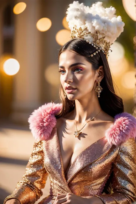 photo RAW,((close-up:1.1) character design,vogue, prada, versace, luminogram, sharp focus, colorful, clear, detailed, glamourous, fashion world, editorial, fashion, magazine shoot, fluff, dreamy glow, extraterrestrial, fantastic realism, kitsch outfit, sunlight, pastel,cotton dof ,look to camera,(bokeh:1.1)), masterpiece, award winning photography, natural light, perfect composition, high detail, hyper realistic