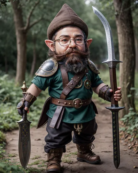 photo RAW,(little gnome, warrior, steampunk, black beard, green glasses, sword, shield, brown gloves, fantasy), masterpiece, award winning photography, natural light, perfect composition, high detail, hyper realistic