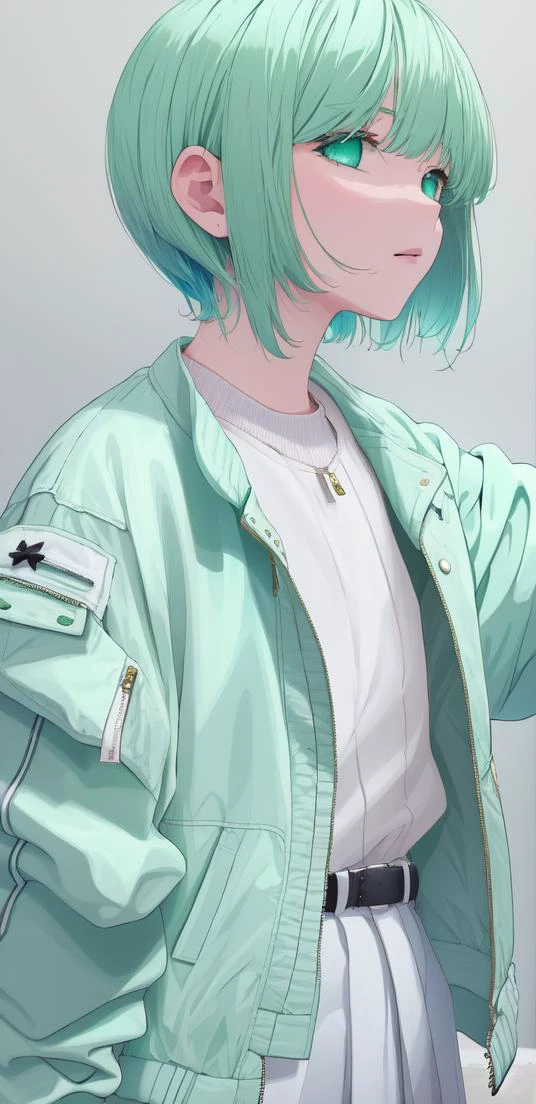 roitz, 1girl, solo, Mint green hair, French bob, Bomber Jacket, (white clothes:1.3), masterpiece, best quality <hypernet:myhands_22k:0.75><lora:roitz-LoRA:0.75>