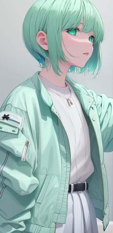 roitz, 1girl, solo, Mint green hair, French bob, Bomber Jacket, (white  clothes:1.3), masterpiece, best quality <hypernet:myhands_22k:0.75><lora:roitz-LoRA:0.75>