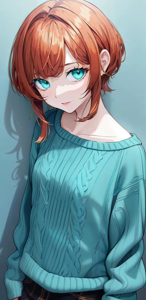 roitz, 1girl, solo, Copper hair, A-line haircut, Sweater, (deep cyan clothes:1.3), masterpiece, best quality <hypernet:myhands_22k:0.75><lora:roitz-LoRA:0.75>