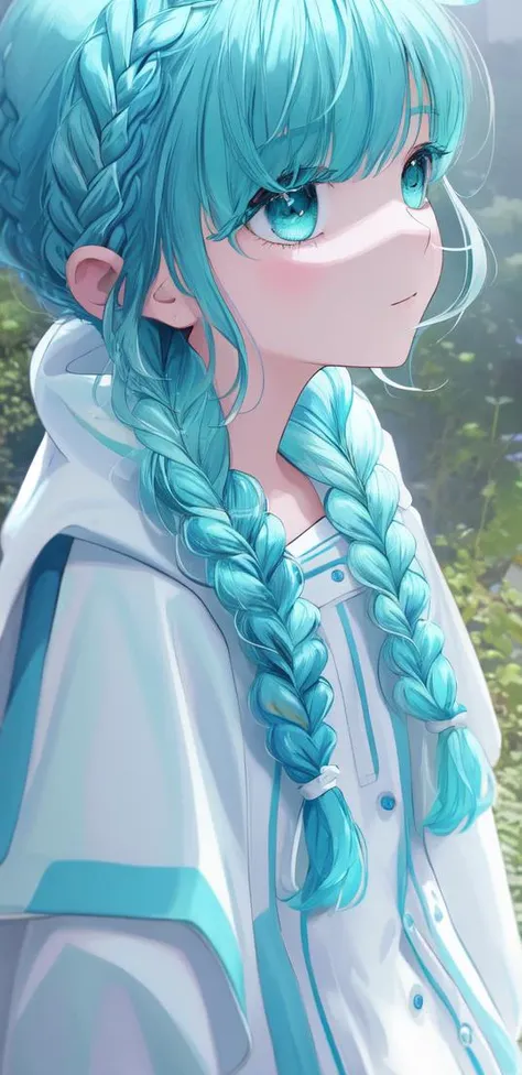 roitz, 1girl, solo, teal hair, fishtail braid, poncho, (white clothes:1.3), masterpiece, best quality <hypernet:myhands_22k:0.75><lora:roitz-LoRA:0.75>