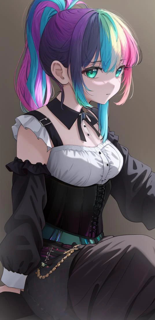 roitz, 1girl, solo, Iridescent rainbow hair, Ponytail, Corset Top, (black clothes:1.3), masterpiece, best quality <hypernet:myhands_22k:0.75><lora:roitz-LoRA:0.75>