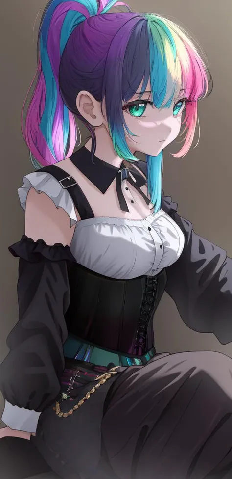 roitz, 1girl, solo, Iridescent rainbow hair, Ponytail, Corset Top, (black  clothes:1.3), masterpiece, best quality <hypernet:myhands_22k:0.75><lora:roitz-LoRA:0.75>