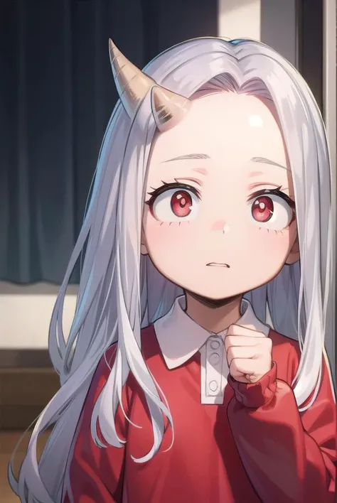 academiaeri, <lora:eri-lora-nochekaiser:1>, 
eri, long hair, (red eyes:1.5), grey hair, horns, child, single horn, female child,
BREAK shirt, long sleeves, dress, white shirt, collared shirt, red dress, pleated dress,
BREAK looking at viewer,
BREAK indoors,
BREAK <lyco:GoodHands-beta2:1>, (masterpiece:1.2), best quality, high resolution, unity 8k wallpaper, (illustration:0.8), (beautiful detailed eyes:1.6), extremely detailed face, perfect lighting, extremely detailed CG, (perfect hands, perfect anatomy),