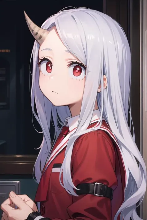 academiaeri, <lora:eri-lora-nochekaiser:1>,
eri, long hair, (red eyes:1.5), grey hair, horns, child, single horn, female child,
BREAK shirt, long sleeves, dress, white shirt, collared shirt, red dress, pleated dress,
BREAK looking at viewer,
BREAK indoors,
BREAK <lyco:GoodHands-beta2:1>, (masterpiece:1.2), best quality, high resolution, unity 8k wallpaper, (illustration:0.8), (beautiful detailed eyes:1.6), extremely detailed face, perfect lighting, extremely detailed CG, (perfect hands, perfect anatomy),