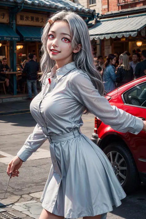 (masterpiece:1.2), (photorealistic:1.2), (best quality),((realistic:1.3)), (detailed skin:1.3), (intricate details), dramatic, ray tracing,finely detailed, quality,realistic lighting,huge breasts,1girl,eri, long hair, (red eyes:1.5), grey hair, horns, child, single horn,shirt, long sleeves, dress, white shirt, collared shirt, red dress, pleated dress,cowboy shot,smile,looking at viewer,(outdoors,dynamic pose) <lora:epi_noiseoffset2:0.8> <lora:more_details:0.8> <lora:eri-lora-nochekaiser:1>