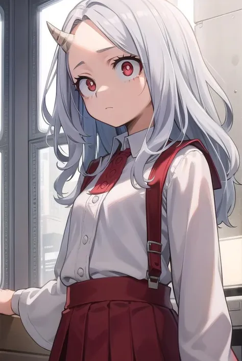 academiaeri, <lora:eri-lora-nochekaiser:1>,
eri, long hair, (red eyes:1.5), grey hair, horns, child, single horn, female child,
BREAK shirt, long sleeves, dress, white shirt, collared shirt, red dress, pleated dress,
BREAK looking at viewer,
BREAK indoors,
BREAK <lyco:GoodHands-beta2:1>, (masterpiece:1.2), best quality, high resolution, unity 8k wallpaper, (illustration:0.8), (beautiful detailed eyes:1.6), extremely detailed face, perfect lighting, extremely detailed CG, (perfect hands, perfect anatomy),
