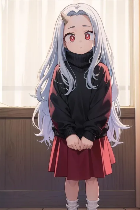 academiaeri, <lora:eri-lora-nochekaiser:1>,
eri, long hair, (red eyes:1.5), grey hair, horns, child, single horn, female child,
BREAK skirt, long sleeves, socks, sweater, red skirt, turtleneck, slippers,
BREAK looking at viewer, full body,
BREAK indoors,
BREAK <lyco:GoodHands-beta2:1>, (masterpiece:1.2), best quality, high resolution, unity 8k wallpaper, (illustration:0.8), (beautiful detailed eyes:1.6), extremely detailed face, perfect lighting, extremely detailed CG, (perfect hands, perfect anatomy),