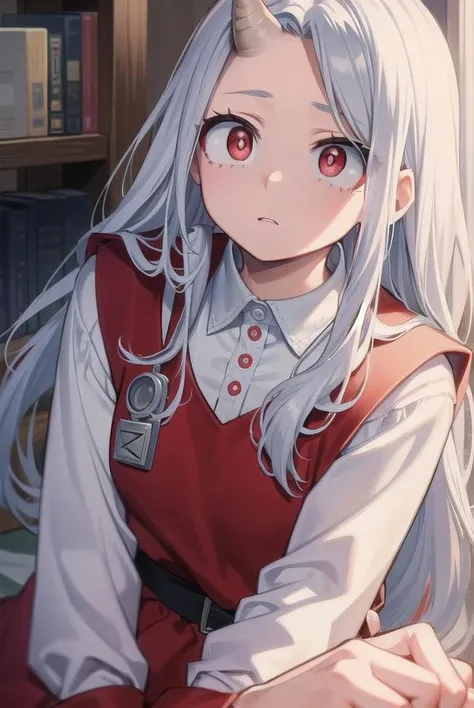 academiaeri, <lora:eri-lora-nochekaiser:1>,
eri, long hair, (red eyes:1.5), grey hair, horns, child, single horn, female child,
BREAK shirt, long sleeves, dress, white shirt, collared shirt, red dress, pleated dress,
BREAK looking at viewer,
BREAK indoors,
BREAK <lyco:GoodHands-beta2:1>, (masterpiece:1.2), best quality, high resolution, unity 8k wallpaper, (illustration:0.8), (beautiful detailed eyes:1.6), extremely detailed face, perfect lighting, extremely detailed CG, (perfect hands, perfect anatomy),