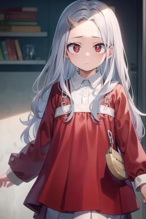 academiaeri, <lora:eri-lora-nochekaiser:1>, 
eri, long hair, (red eyes:1.5), grey hair, horns, child, single horn, female child,
BREAK shirt, long sleeves, dress, white shirt, collared shirt, red dress, pleated dress,
BREAK looking at viewer,
BREAK indoors,
BREAK <lyco:GoodHands-beta2:1>, (masterpiece:1.2), best quality, high resolution, unity 8k wallpaper, (illustration:0.8), (beautiful detailed eyes:1.6), extremely detailed face, perfect lighting, extremely detailed CG, (perfect hands, perfect anatomy),