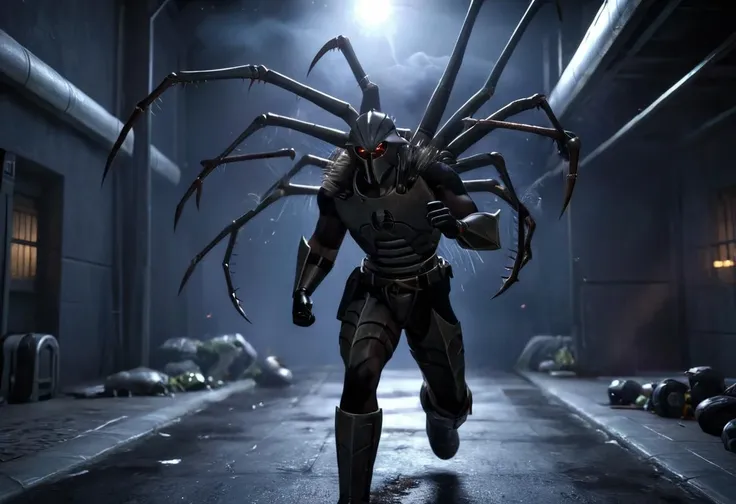 (masterpiece, best quality, ultra_detailed, highres, absurdres:1.2), <lora:lord_recluse_xl_v2-000029:0.75> Lord Recluse, helmet, red glowing eyes, fur trim, metallic armor, red energy balls around hands, extra arms with claws, dynamic pose, (robotic spiders:1.4), smoke, fog, broken machines, dark, futuristic, post-apocalyptic, in the style of resident evil, volumetric lighting, rim lighting, cinematic lighting, octane render, cgi, game character, mmorpg, next gen graphics
