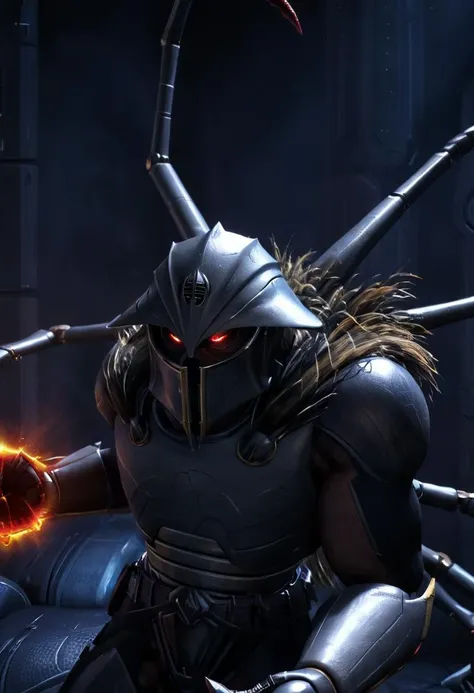 (masterpiece, best quality, ultra_detailed, highres, absurdres:1.2), <lora:lord_recluse_xl_v2-000029:0.75> Lord Recluse, helmet, red glowing eyes, fur trim, metallic armor, (red energy balls around hands:1.4), extra arms with claws, dynamic pose, in the lost Deimos base, on Mars, (robotic spiders:1.4), broken cables with lightning sparks, dark, futuristic, post-apocalyptic, in the style of doom \(series\), volumetric lighting, rim lighting, cinematic lighting, octane render, cgi, game character, mmorpg, next gen graphics